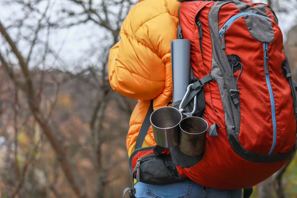 Person mit schwerem Rucksack auf einem winterlichen Anstieg zwischen verschneiten B&auml;umen