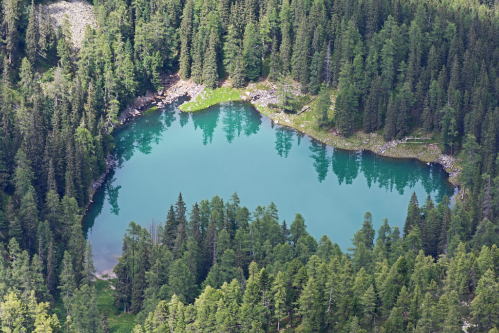Bergsee in einem offenen Hochtal &uuml;ber der Waldgrenze, dahinter graue Felsw&auml;nde